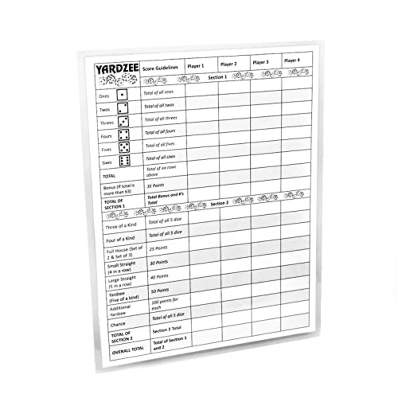 Yardzee Score Cards with Rules on the Back, Laminated Yardzee Score Card, Reusable, Dry Erase score sheet for Giant Outdoor Dice