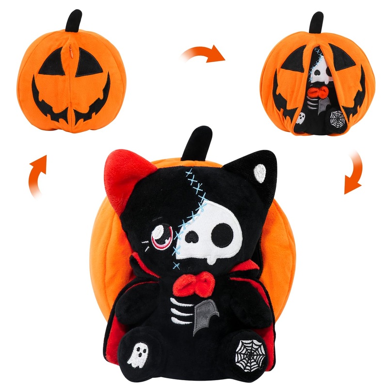 yohica Christmas Halloween Pumpkin Plush Toy,8” Reversible Halloween Vampire Bear Cat Stuffed Animals with Vampire Cloak,Pumpki