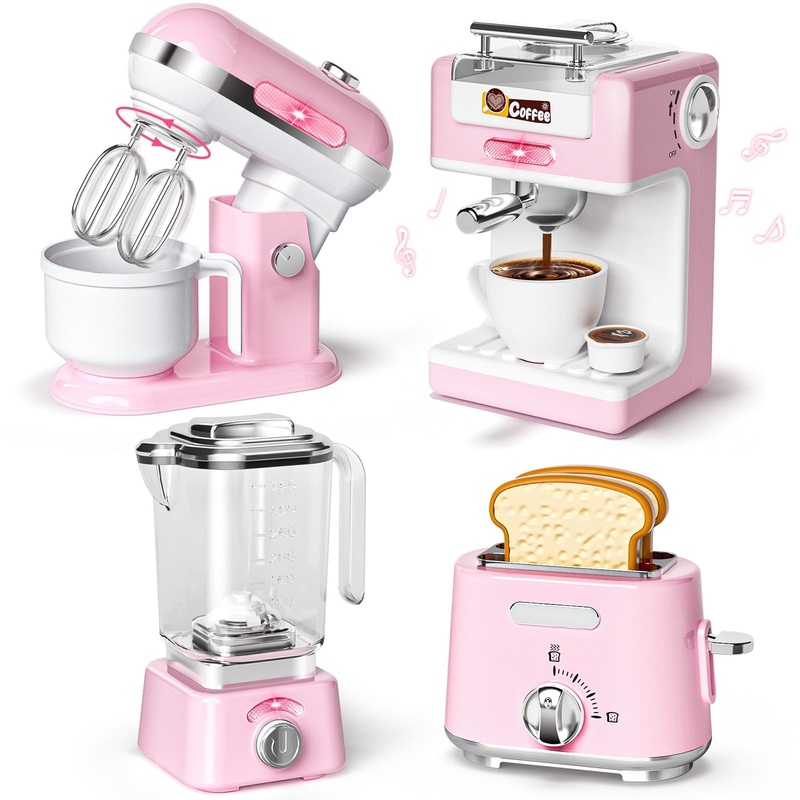 B Bascolor Pretend Play Kitchen Appliances Toy Set with Realistic Coffee Maker Machine, Toaster, Mixer and Blender, Kids Kitchen