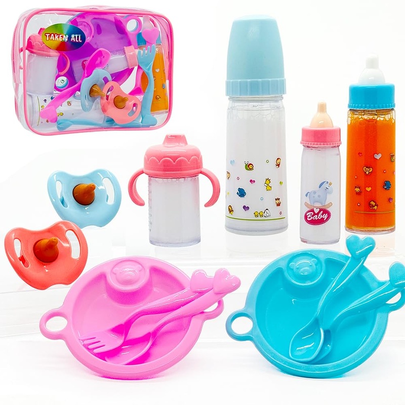Baby Doll Accessories Magic Bottle Set Magic Disappearing Milk Juice Bottles Sippy Cups with Pacifiers Bowl Spoons, Doll Bottle