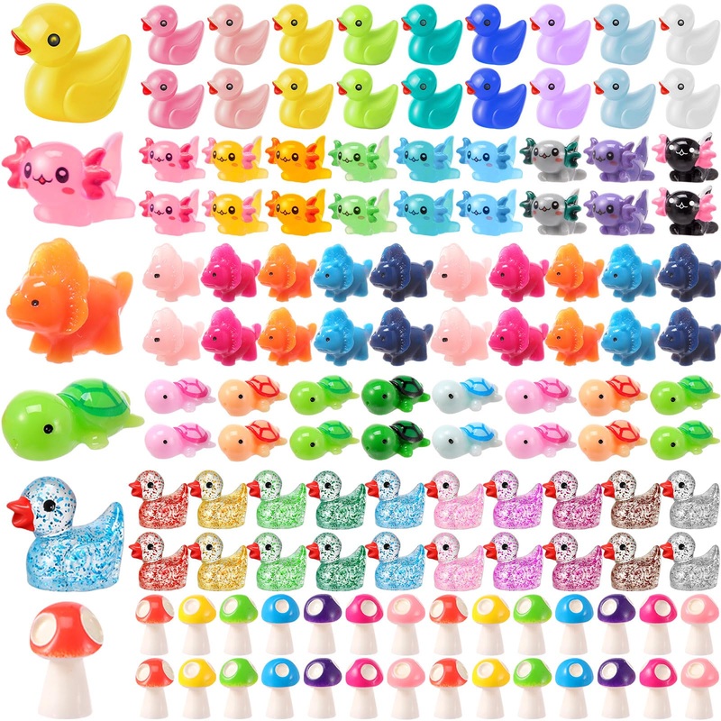 Barydat 200 Pcs Mini Resin Animals Figures Small Variety Animals to Hide Tiny Duck Axolotl Dinosaur Turtle Mushroom Figures for