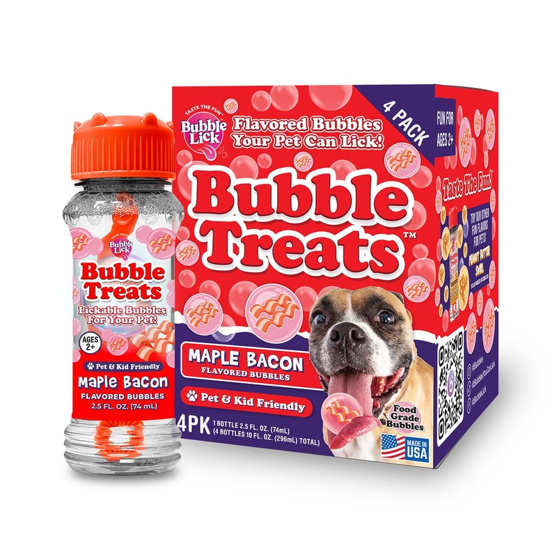 Bubble Treats Maple Bacon Pet Bubbles (2.5 Fl Oz, 4-Pack), Lickable Bubbles for Pets – Natural Bacon Flavor, Great for Bubble To