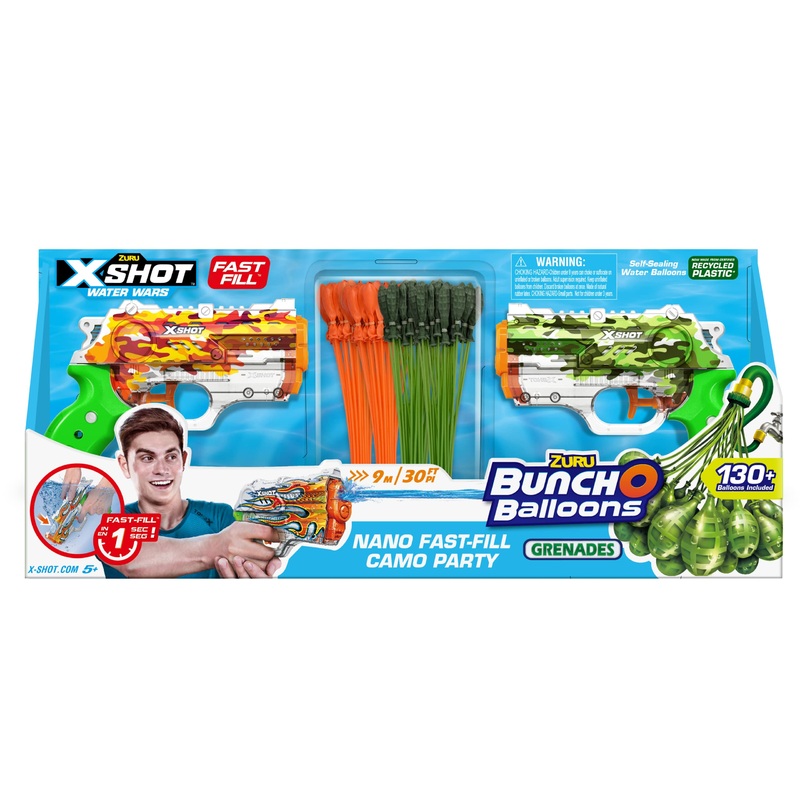 Bunch O Balloons Skins Nano Fast-Fill Camo Party by ZURU (2 X Skins Nano Water Blaster, 4X Stems), Orange & Green, Water Blaster