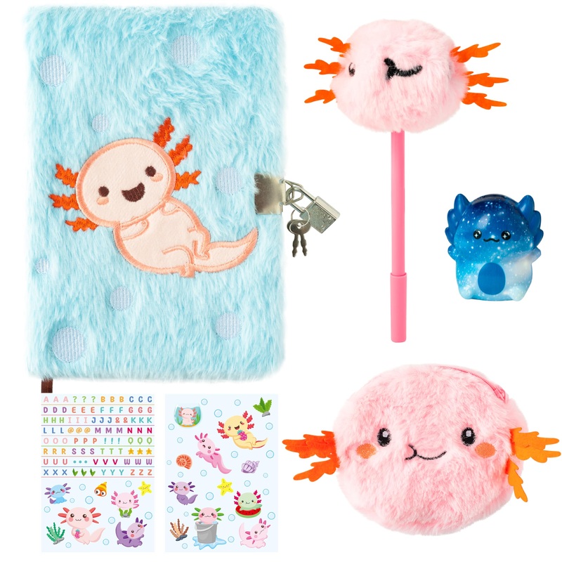 CY2SIDE 6PCS Axolotl Diary with Lock and Keys for Kids, Axolotl Plush Secret Journal Diary Journal Set Included Scrapbook Pen St