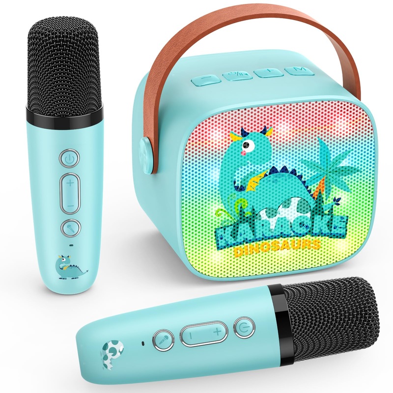 Dinosaur Mini Karaoke Machine Toys: Kids Toys Birthday Gifts Age 3-12+ LED Portable Bluetooth Speaker with 2 Wireless Microphone