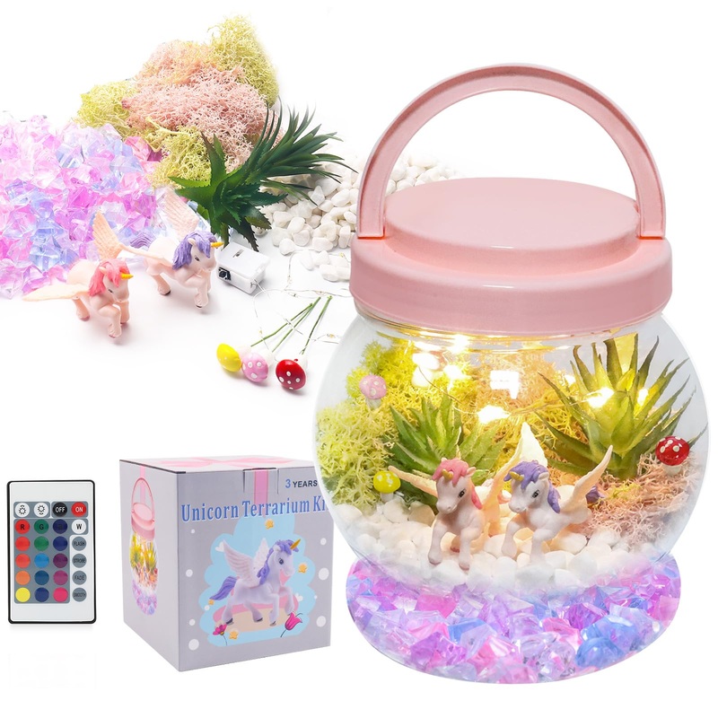 DIY Light-Up Unicorn Terrarium Jar Kit for Kids, RGBW Color Changing Night Light with Remote Control Arts Crafts Unicorns Activi