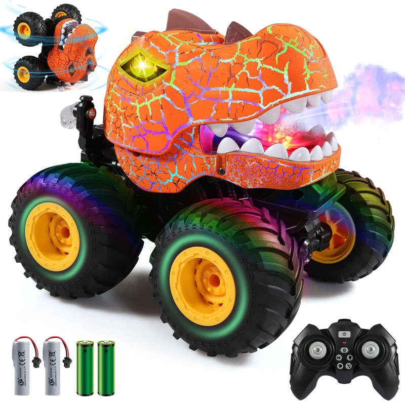 DYODYORC Remote Control Car, 2.4Ghz All Terrain Dinosaur Monster Truck Toys, RC Truck with Spay, Music, 3 Lighting Effects, Stun