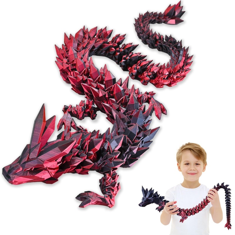 LOCYFENS Large 30” 3D Printed Dragon, Articulated 3D Dragon Toys, Long Crystal Dragon Black Red