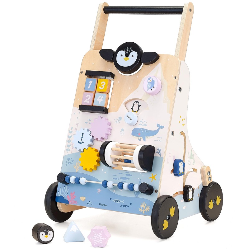 PairPear Wooden Baby Walker, Baby Push Walker Activity Center Toys,Montessori Walker Toy with Shape Sorter, Adjustable Speed Act