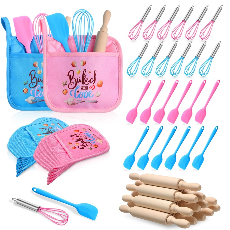 RoundFunny 48 Pcs Kids Baking Supplies for Real Cooking Games Prize Party Favors, with Kitchen Utensil, Pot Holders, Spatula, Ro