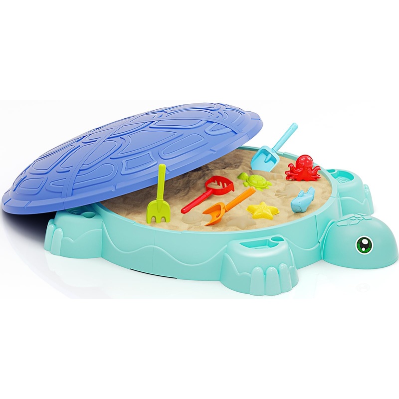 Sandbox with Lid, Kids Turtle Sand Box with Sand Molds and Shovels Set for Sensory Play, Toddler Outdoor Indoor Toys for Boys Gi