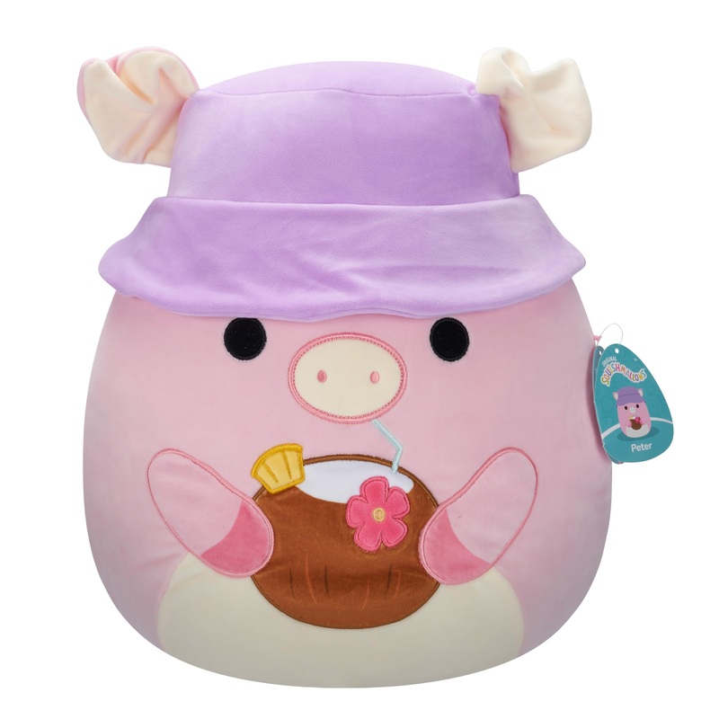Squishmallows Original 16in Peter The Pig with Tropical Drink and Bucket Hat – Official Jazwares Plush (Large)