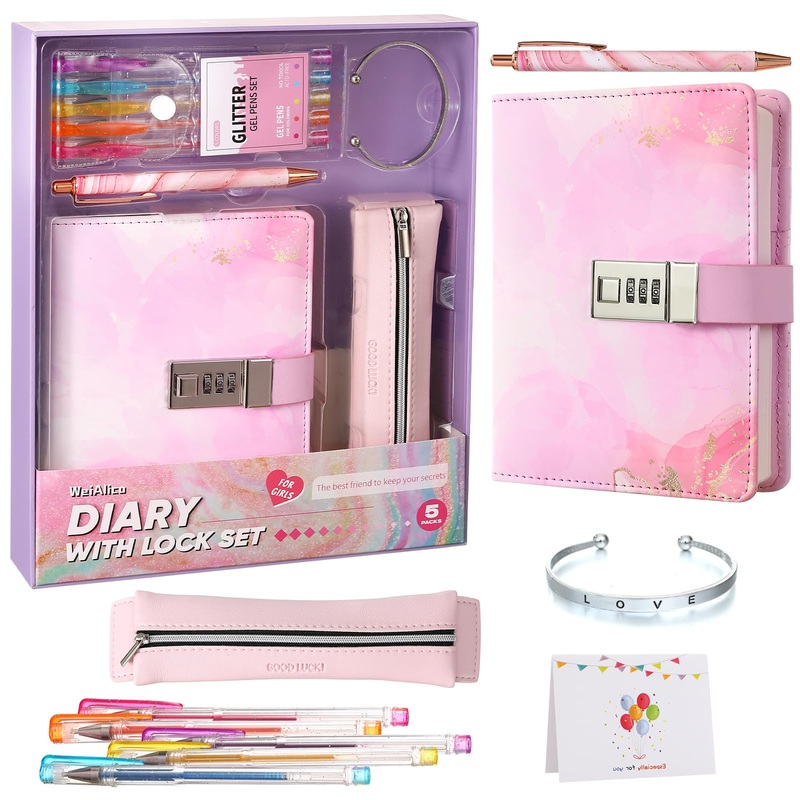 WeiAlico Secret Diary with Lock for Girls, 256 Pages Locking Diary with Pen, Kids Journal with Lock for Teens, Journals Set for