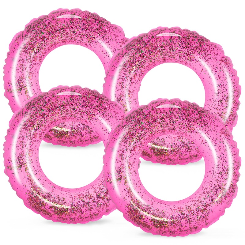 Whaline 4Pcs Inflatable Pool Floats Toys Swim Tubes Rings Glitter Pink Pool Tube for Teen Boys Girls Outdoor Summer Swimming Poo