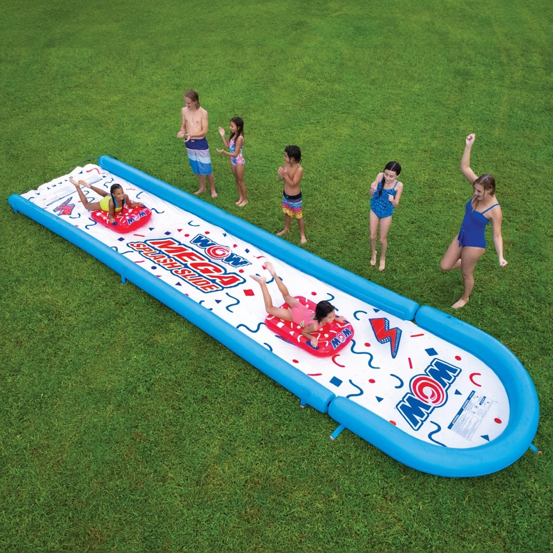 WOW Sports Mega Water Slide with 2 Inflatable Sleds, Inflatable Water Slide with Built-In Splash Pool and Sprinklers