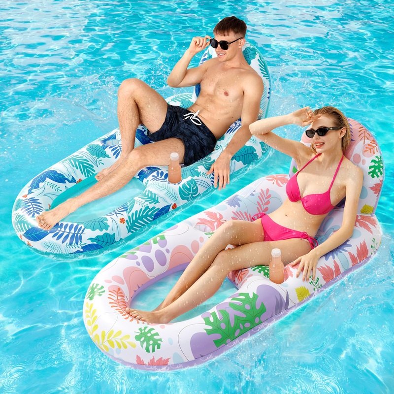 2 Pack Pool Floats Adult Heavy Duty-Adult Pool Float Lounger with Cup Holders, Backrest & Footrest Pool Lounge Float Pool Floati