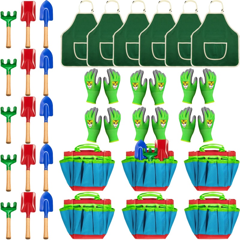 36 Pcs Kids Gardening Tool Set Garden Set Toy Includes Metal Shovel with Sturdy Wooden Handle Rake Trowel Apron Gardening Gloves