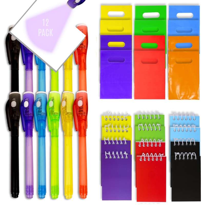 4E’s Novelty 12 Invisible Ink Pen with UV Light, 12 Mini Notebook and 12 Colored Goodie Bags – Fun Bulk Party Favors for Kids