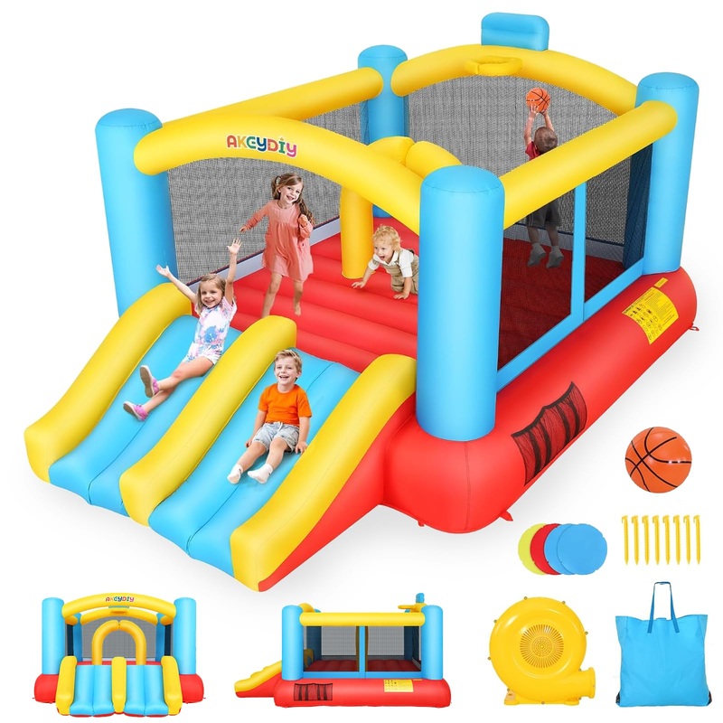 AKEYDIY Bounce House for Kids 3-8, Inflatable Bouncy Castle with Blower, Jumping House with Slide/Pitching Game, 106”x70.8”x82