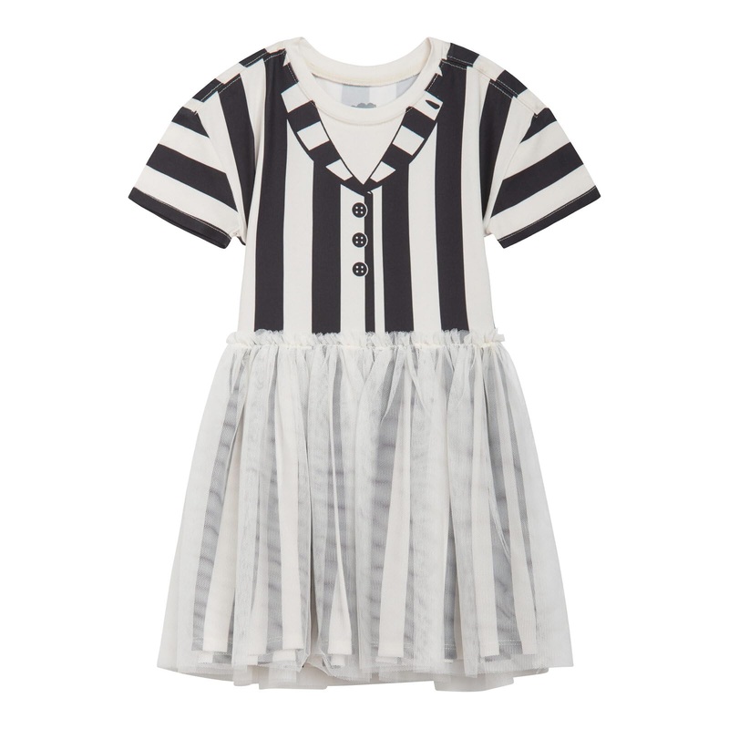 BEETLEJUICE Toddler Girls Drop Shoulder Cosplay Tulle Dress Black/White Stripes 3T