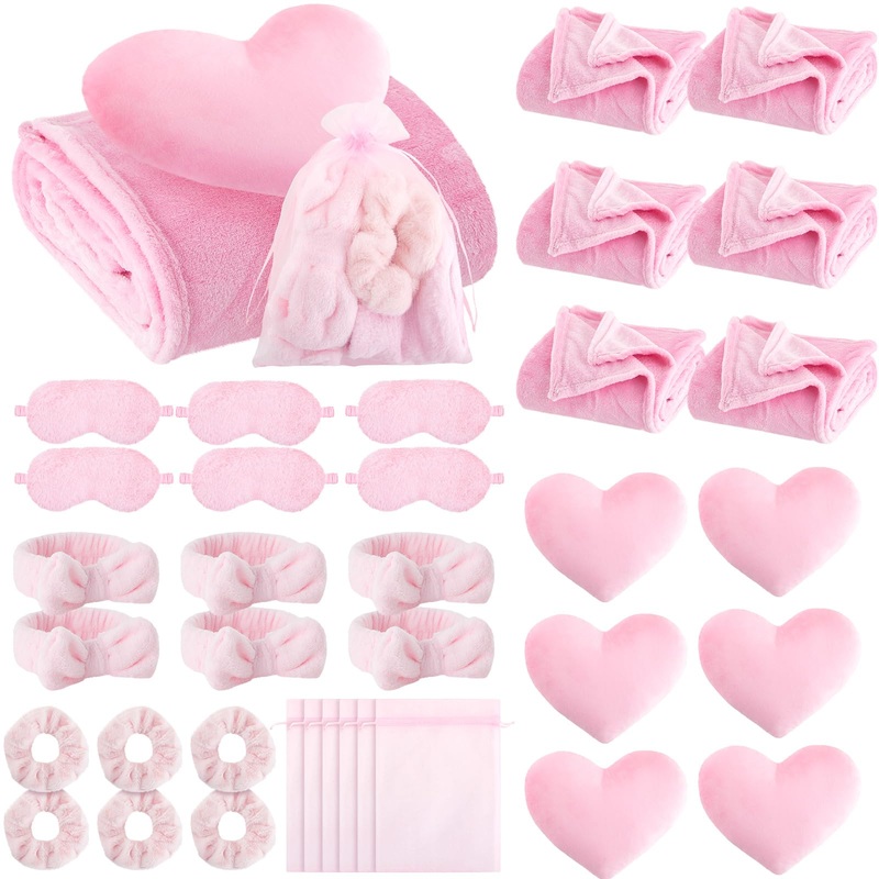 Fanfanwin 36 Pcs Sleepover Party Supplies 6 Throw Blanket 6 Spa Headband 6 Heart Pillows 6 Scrunchies 6 Sleep Eye Mask 6 Organza
