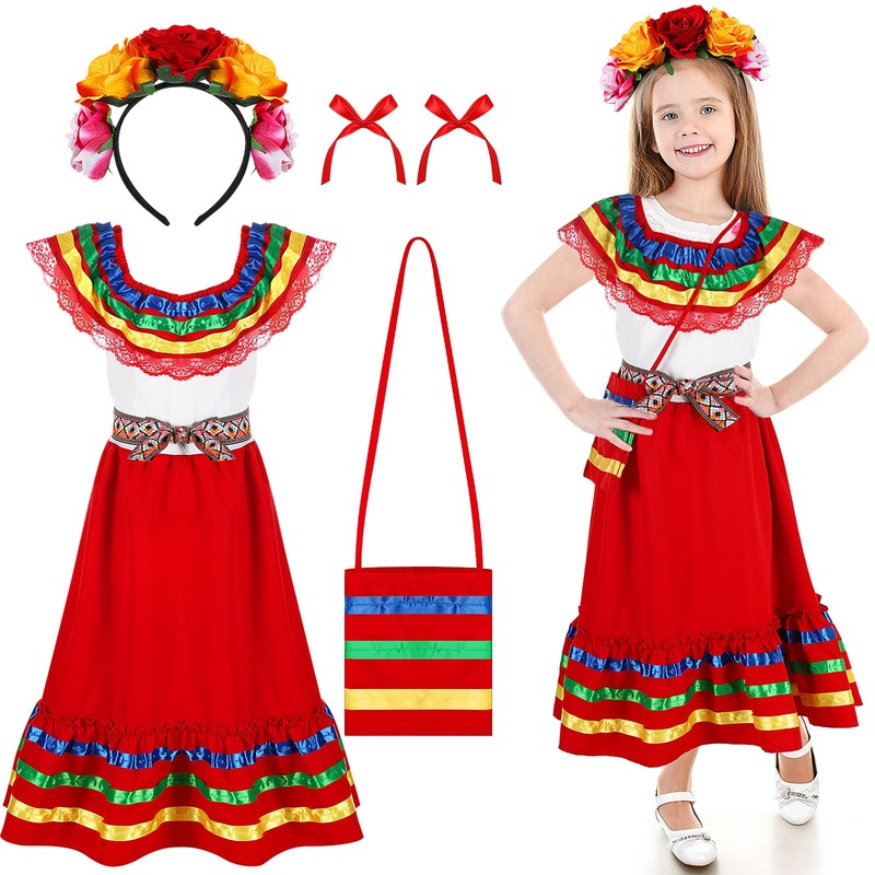 Funnysoft 6 Pcs Mexican Dress for Girls Traditional Cinco De Mayo Dress with Flower Headpiece Fiesta Dress Costume(for 4 Years)