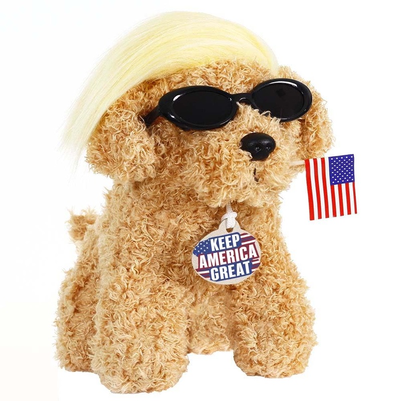 Lanxitown President Donald Teddy Dog with Wig, Tag and Flag President Donald Merchandise Donald Doll President Donald Dog Toy Fu