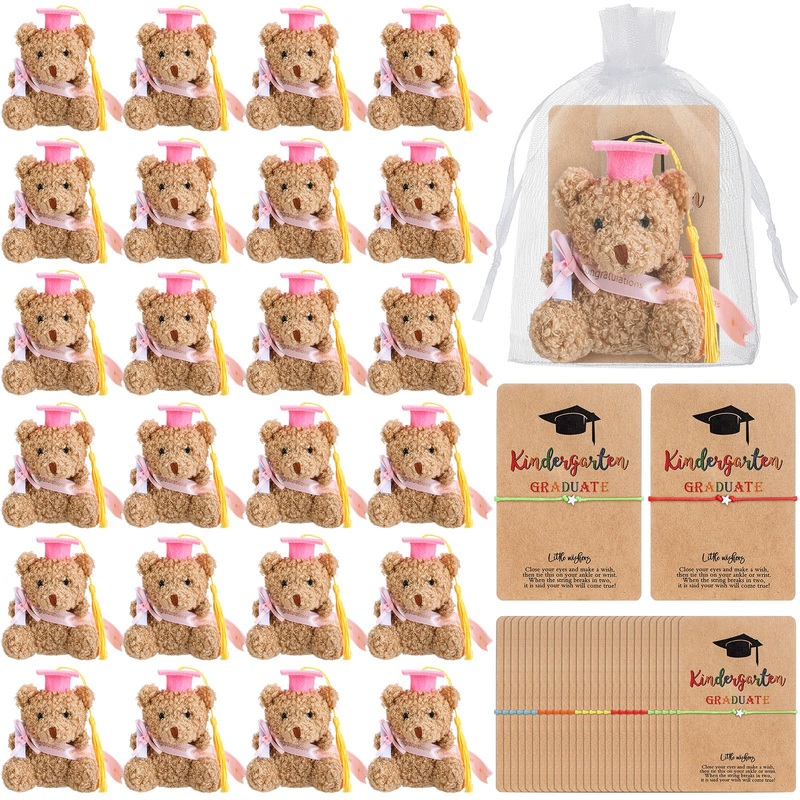 Motionchic 50 Pcs 2025 Kindergarten Graduation Bear Bulk Set with 25 Graduation Gift Mini Stuffed Bears 25 Wish Bracelet Organza