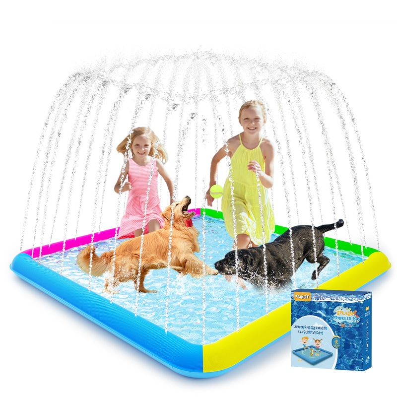 Raxurt Splash Pad, 97”- 72” Non-Slip Splash Pad for Kids and Dogs, Thickened Durable Square Dog Pool with Sprinkler Summer Out
