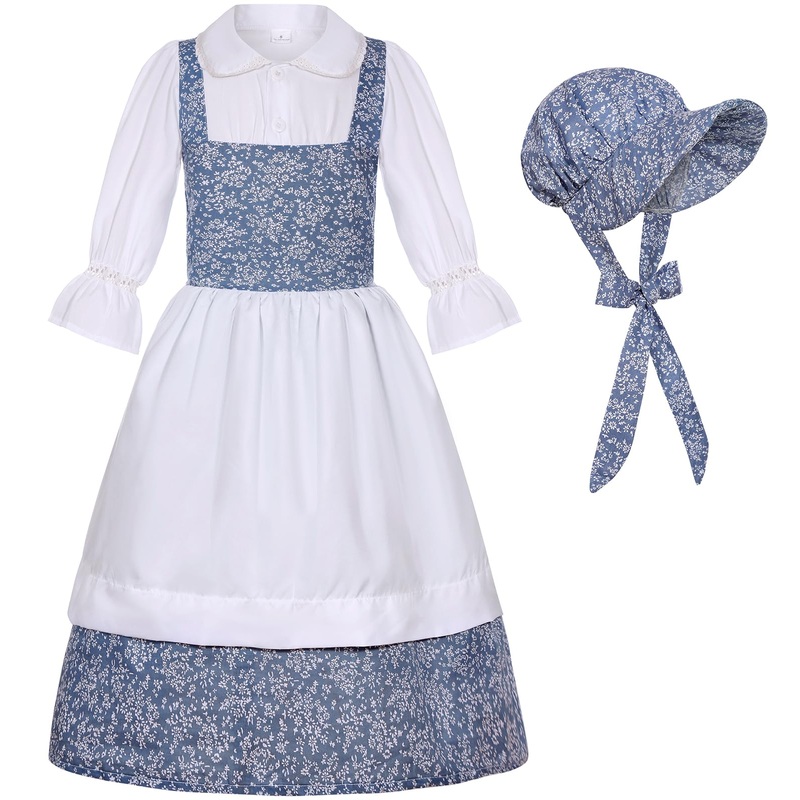 SIZGAROOT Colonial Costume Girls Pioneer Girl Costume Prairie Dress with Bonnet (7-8 Years)