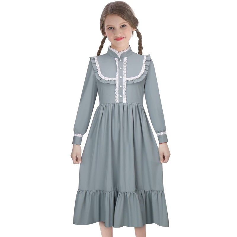 Todollcos GirlsHarriet Tubman Costume Pioneer Colonial Dress Victoria Retro Rustic Skirt Kids Cosplay Outfits Party (Blue, 120cm