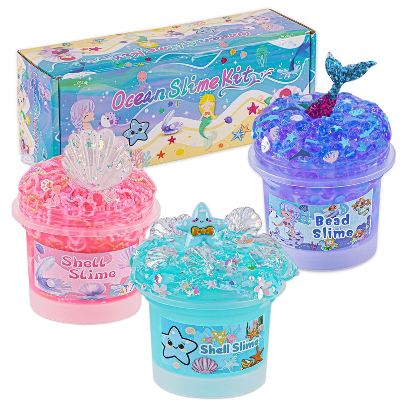 3 x 100mL Ocean Slime Kit for Girls & Boys: Mermaid Bead, Pink Crunchy & Blue Clear Slime, Sensory Experience DIY Slimes Set, Sl