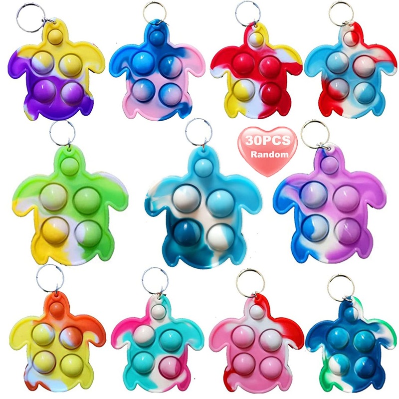30 Packs Rainbow Bulk Turtle Mini Pop Fidget Keychain Bubble Toy For Boy Girl Kids Summer Party Favors Gift, Stress Relief Stude