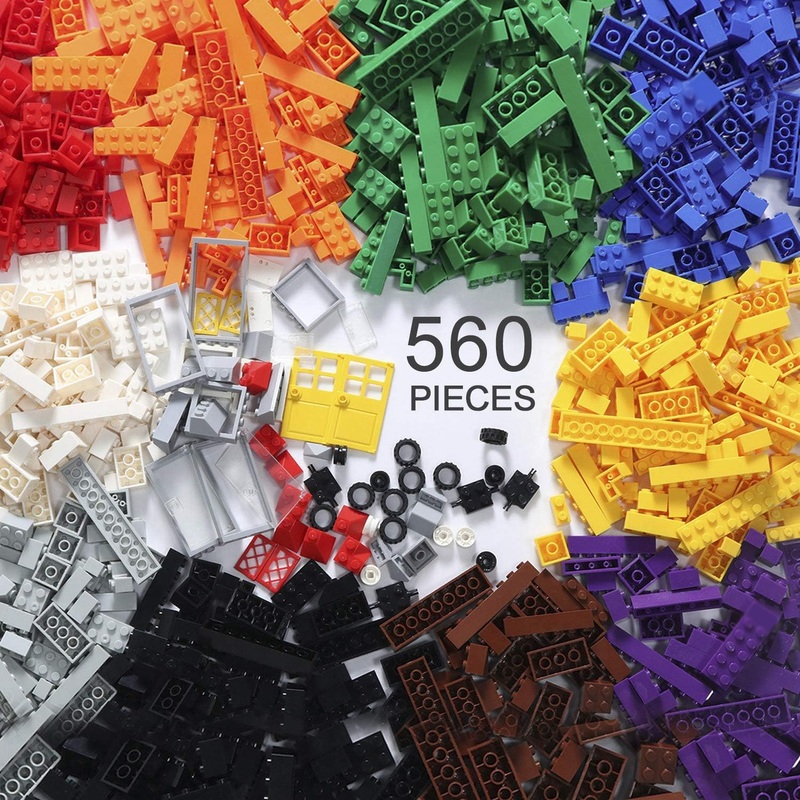 560 Pieces Building Bricks Kit with Wheels, Tires, Axles, Windows, and Doors Basic Bulk Block – Random Color – Compatible with L