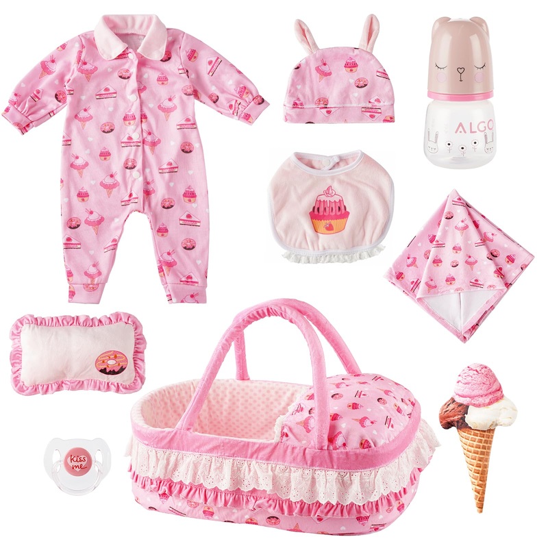 9 PCS Reborn Baby Doll Clothes Set Dessert Theme with Bassinet for 17-22 Inch Dolls Baby Doll Clothes Outfit Accessories Set Fit