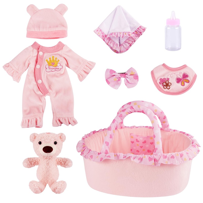 Babeside 8 Pcs Baby Doll Clothes Set With Bassinet For 8-10-12 Inch Dolls, Cute Bitty Baby Doll Accessories Set And Bear Toy For