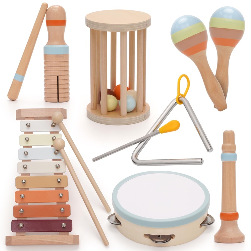 Baby Musical Instruments,Montessori Wooden Percussion Instruments Toy For Toddlers1-3, With Modern Boho Xylophone Tambourine For