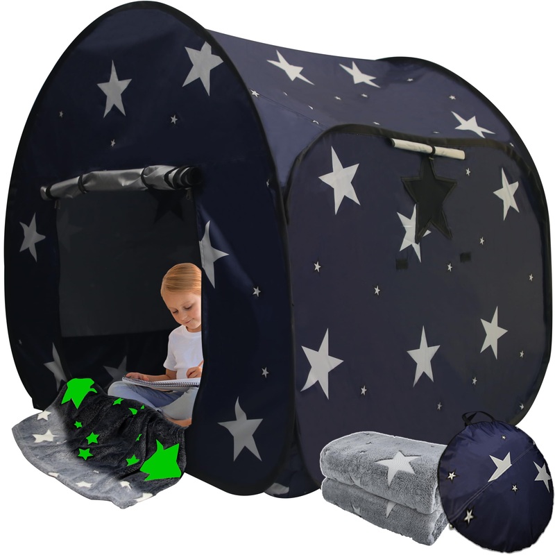 Byeanxiety Big Sensory Tent For Kids With Autism – 47X47X47In Star Pop Up Play Tent With Fluorescent Blanket Helps Autism, Adhd,