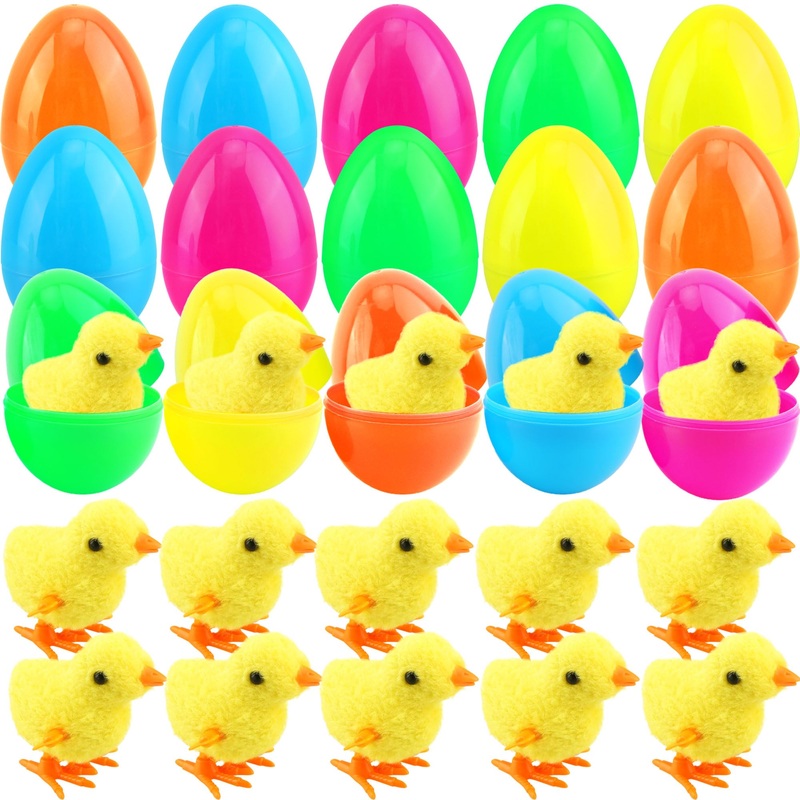 Cagemoga 40 Pack Easter Eggs Prefilled Wind Up Yellow Chick Toys Jumping Chicken Toy For Easter Egg Hunt Game Easter Basket Stuf