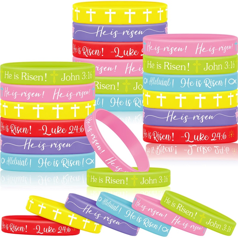 Deekin 120 Pcs He Is Risen Bracelets Bulk Easter Egg Stuffers Basket Filler Religious Silicone Bracelet Party Favors Bible Rubbe