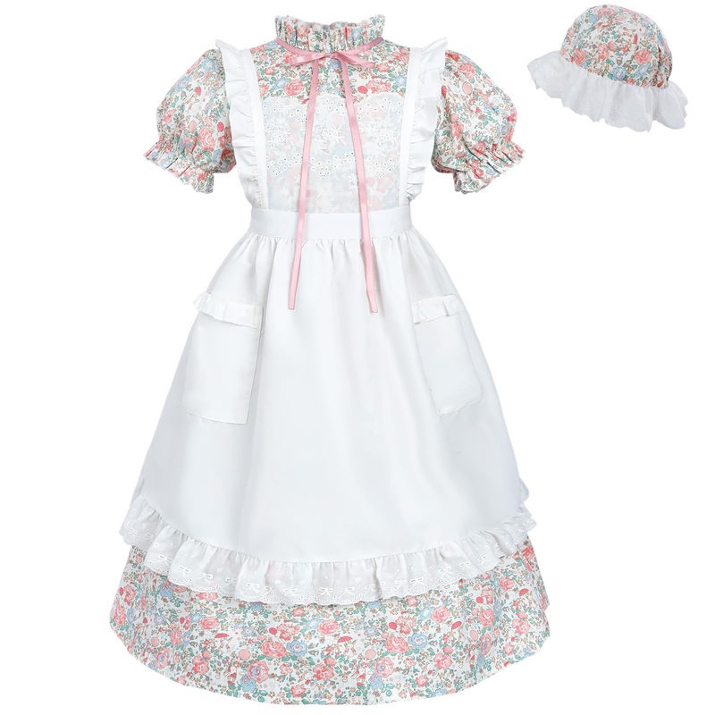 Fccam Colonial Costume Girls With Mob Cap Floral Pioneer Prairie Dress 1800S American Costume Pink Xl Age Over 4 Years Old