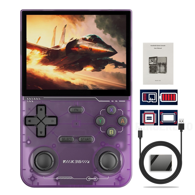 FINGEREVO K36 Handheld Game Console 3.5-in 640 * 480 IPS OCA Screen 3500mAh RK3326 Opensource System Purple Transparent
