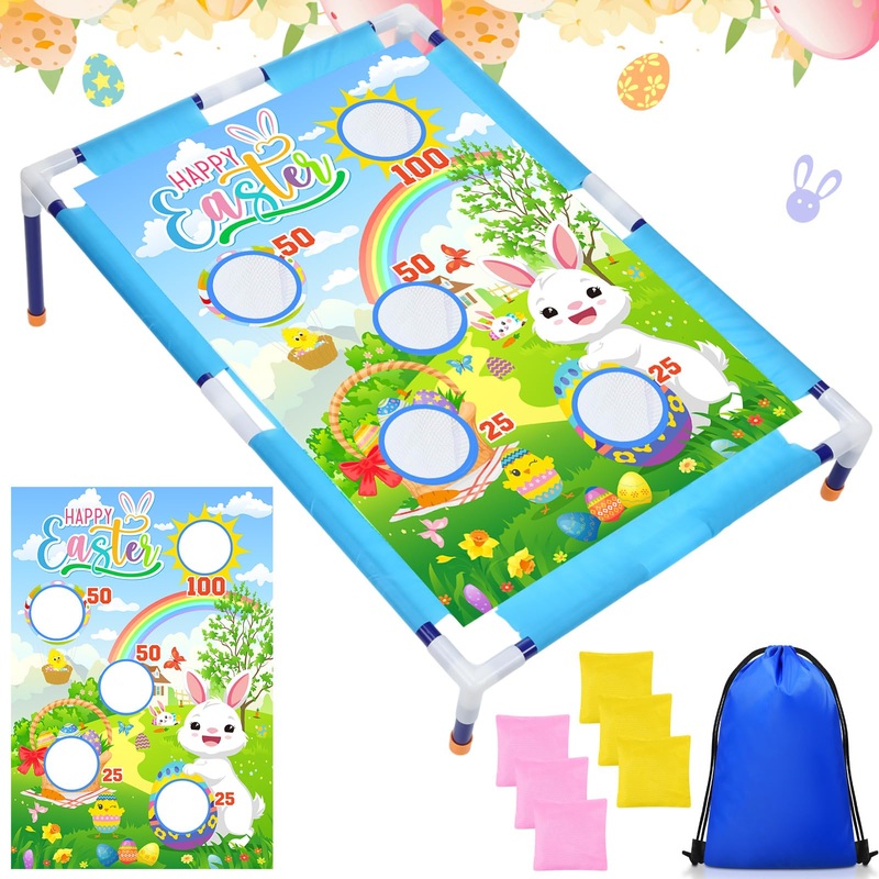 Gemscream Easter Bean Bag Toss Games With 6 Bean Bags Bunny Portable Pvc Framed Cornhole Game Set For Easter Family Holiday Birt