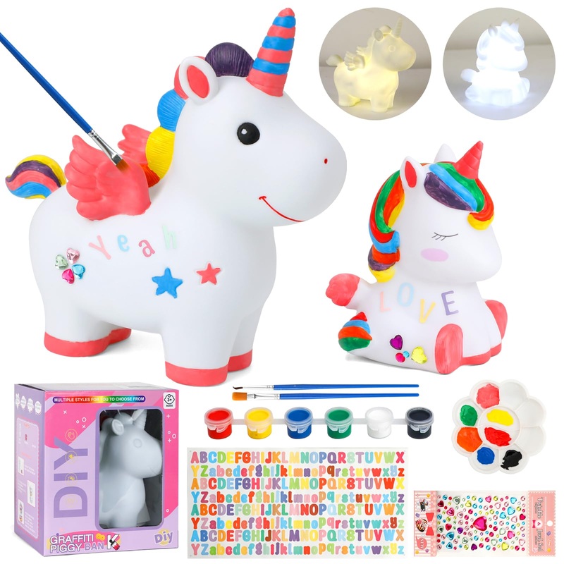 Gwahsa 2 Pcs Arts And Crafts Supplies Painting Kit For Kids Ages 4-8 8-12, Paint Your Own Piggy Bank Night Light Craft Kits For