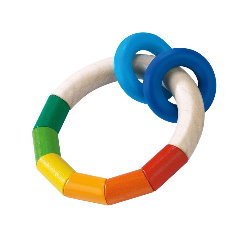 HABA Wooden Rainbow Teething Rattle Toy for Babies 0-18 Months – Kringlering Wood Grasping Toy with Plastic Rings – Sensory Toys