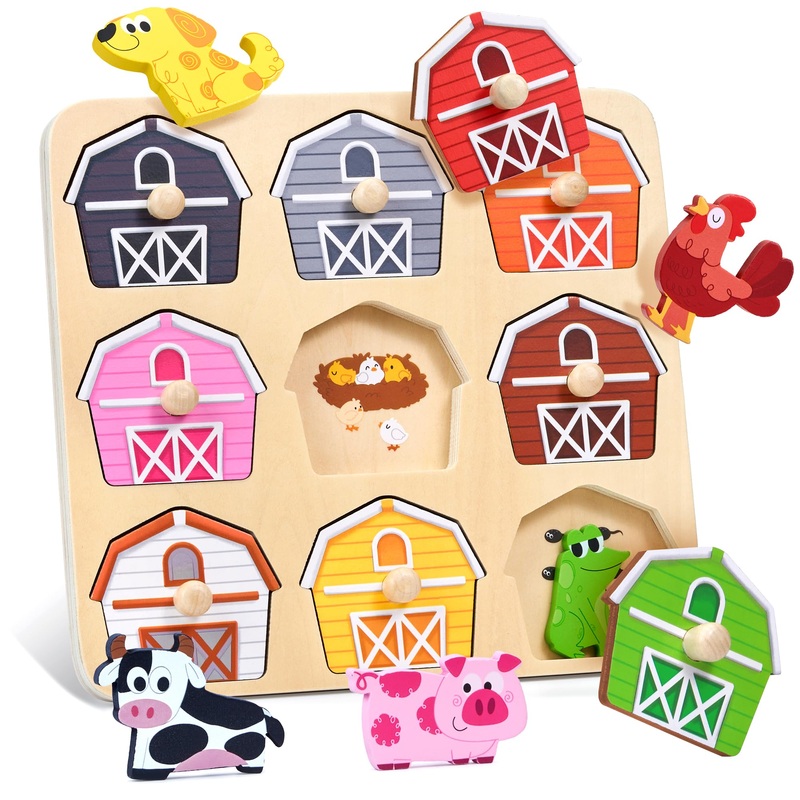 JoyCat Wooden Puzzles for Toddlers 1-3, Montessori Toys for 1 2 Year Old Boy Girl Birthday Easter Gifts, Animal Match Farm Peg P