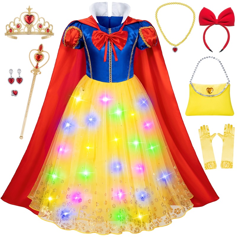 Kaisebile Light Up Princess Snow White Costume for Girls Dress Up – LED Light-Up Princess Snow White Dress with Accessories for