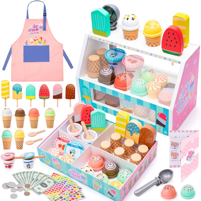 Meland Ice Cream Toy – Wooden Ice Cream Play Set With Aprons, Kids Toys For Toddlers Pretend Play, Toys For Girls Boys 3 4 5 6 7