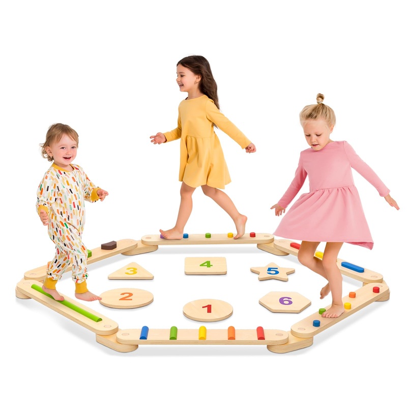 OOOK Wooden Balance Beams for Kids 3-5 Years, 6 PCS Balance Board and Sensory Pads, Sensory Toys Stepping Stones for Kids