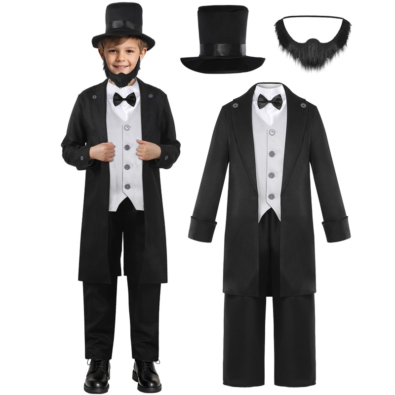 Rayekrot Deluxe Kids Abraham Lincoln Costume Boys Presidents Day Costume Halloween Cosplay Dress Up (10-12 Years) Black